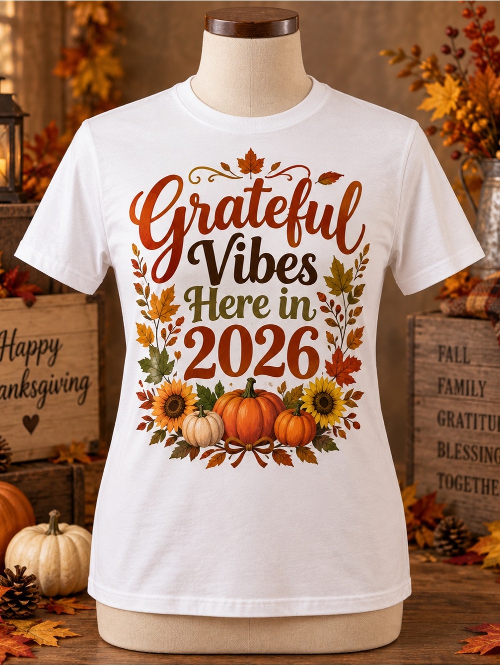 Gildan White 'Grateful Vibes Here in 2026' Fall Pumpkin Tee